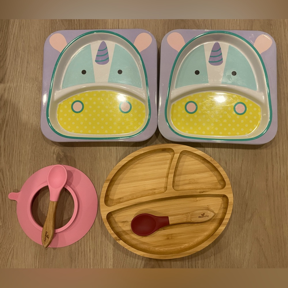 Avanchy bamboo plate and spoon set (+ Skip Hop unicorn plates x2 🦄)